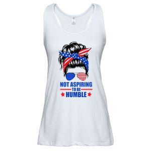 Not Aspiring To Be Humble Messy Bun Sunglasses American Flag Ladies Essential Flowy Tank