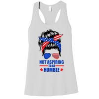 Not Aspiring To Be Humble Messy Bun Sunglasses American Flag Women's Racerback Tank