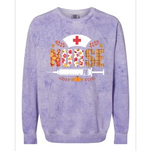 Nurse Autumn Theme Fall Season Floral Syringe Plaid Leaves Colorblast Crewneck Sweatshirt