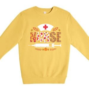 Nurse Autumn Theme Fall Season Floral Syringe Plaid Leaves Premium Crewneck Sweatshirt