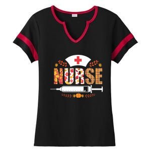 Nurse Autumn Theme Fall Season Floral Syringe Plaid Leaves Ladies Halftime Notch Neck Tee