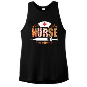 Nurse Autumn Theme Fall Season Floral Syringe Plaid Leaves Ladies PosiCharge Tri-Blend Wicking Tank