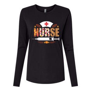 Nurse Autumn Theme Fall Season Floral Syringe Plaid Leaves Womens Cotton Relaxed Long Sleeve T-Shirt