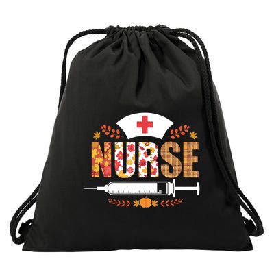 Nurse Autumn Theme Fall Season Floral Syringe Plaid Leaves Drawstring Bag