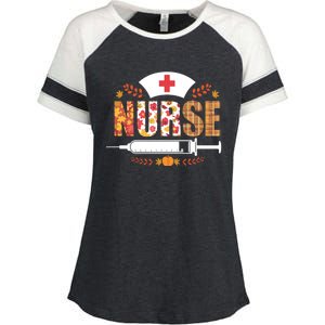 Nurse Autumn Theme Fall Season Floral Syringe Plaid Leaves Enza Ladies Jersey Colorblock Tee