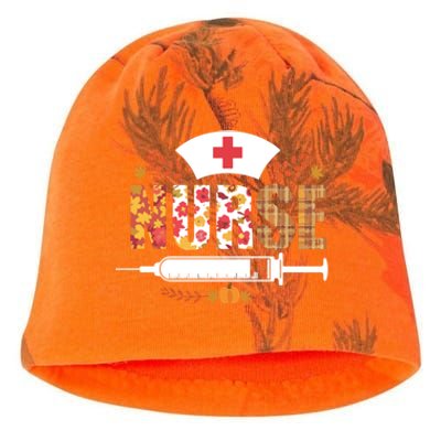 Nurse Autumn Theme Fall Season Floral Syringe Plaid Leaves Kati - Camo Knit Beanie