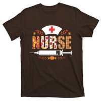 Nurse Autumn Theme Fall Season Floral Syringe Plaid Leaves T-Shirt