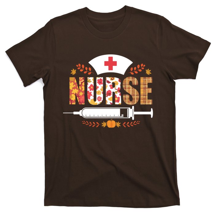 Nurse Autumn Theme Fall Season Floral Syringe Plaid Leaves T-Shirt