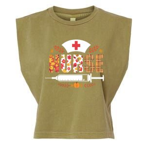 Nurse Autumn Theme Fall Season Floral Syringe Plaid Leaves Garment-Dyed Women's Muscle Tee