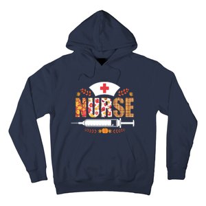 Nurse Autumn Theme Fall Season Floral Syringe Plaid Leaves Hoodie