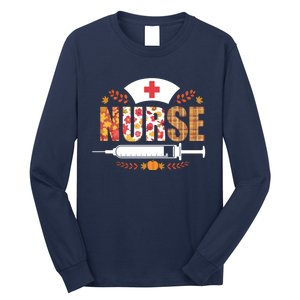 Nurse Autumn Theme Fall Season Floral Syringe Plaid Leaves Long Sleeve Shirt