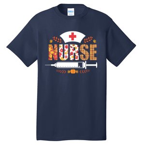 Nurse Autumn Theme Fall Season Floral Syringe Plaid Leaves Tall T-Shirt