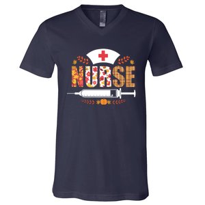 Nurse Autumn Theme Fall Season Floral Syringe Plaid Leaves V-Neck T-Shirt