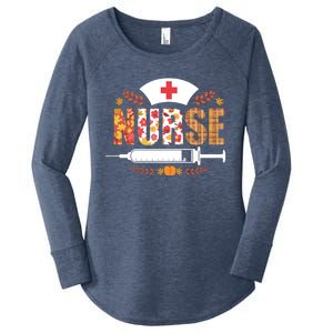 Nurse Autumn Theme Fall Season Floral Syringe Plaid Leaves Women's Perfect Tri Tunic Long Sleeve Shirt