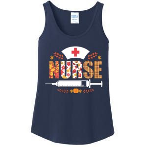 Nurse Autumn Theme Fall Season Floral Syringe Plaid Leaves Ladies Essential Tank