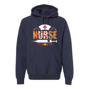 Nurse Autumn Theme Fall Season Floral Syringe Plaid Leaves Premium Hoodie