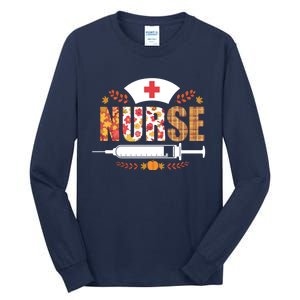 Nurse Autumn Theme Fall Season Floral Syringe Plaid Leaves Tall Long Sleeve T-Shirt