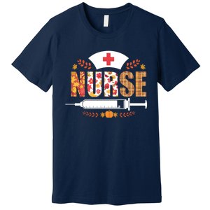 Nurse Autumn Theme Fall Season Floral Syringe Plaid Leaves Premium T-Shirt