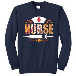 Nurse Autumn Theme Fall Season Floral Syringe Plaid Leaves Tall Sweatshirt