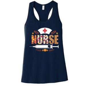 Nurse Autumn Theme Fall Season Floral Syringe Plaid Leaves Women's Racerback Tank