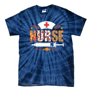 Nurse Autumn Theme Fall Season Floral Syringe Plaid Leaves Tie-Dye T-Shirt