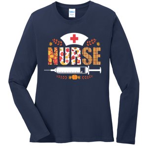 Nurse Autumn Theme Fall Season Floral Syringe Plaid Leaves Ladies Long Sleeve Shirt