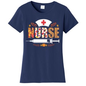 Nurse Autumn Theme Fall Season Floral Syringe Plaid Leaves Women's T-Shirt