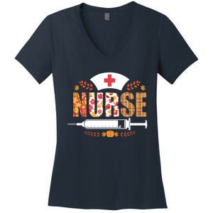 Nurse Autumn Theme Fall Season Floral Syringe Plaid Leaves Women's V-Neck T-Shirt