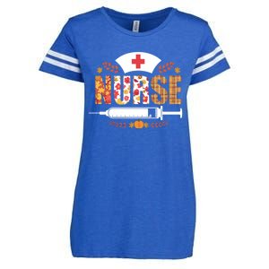 Nurse Autumn Theme Fall Season Floral Syringe Plaid Leaves Enza Ladies Jersey Football T-Shirt