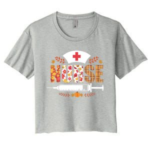 Nurse Autumn Theme Fall Season Floral Syringe Plaid Leaves Women's Crop Top Tee