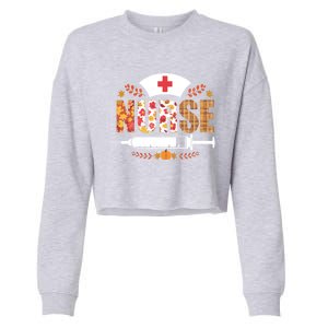 Nurse Autumn Theme Fall Season Floral Syringe Plaid Leaves Cropped Pullover Crew