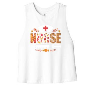 Nurse Autumn Theme Fall Season Floral Syringe Plaid Leaves Women's Racerback Cropped Tank