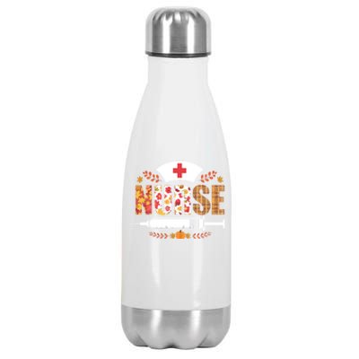 Nurse Autumn Theme Fall Season Floral Syringe Plaid Leaves Stainless Steel Insulated Water Bottle