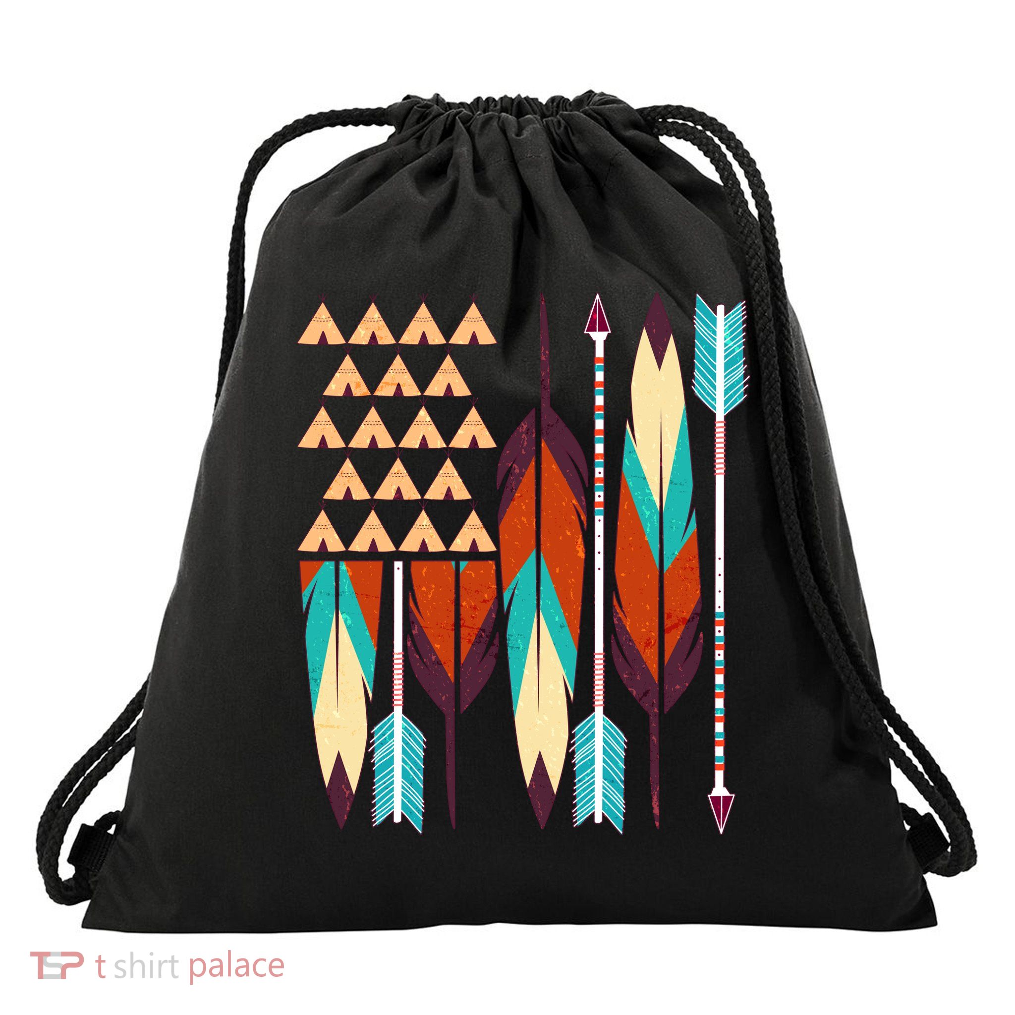 Native American Flag Feathers and Arrows Drawstring Bag