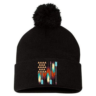 Native American Flag Feathers and Arrows Pom Pom 12in Knit Beanie