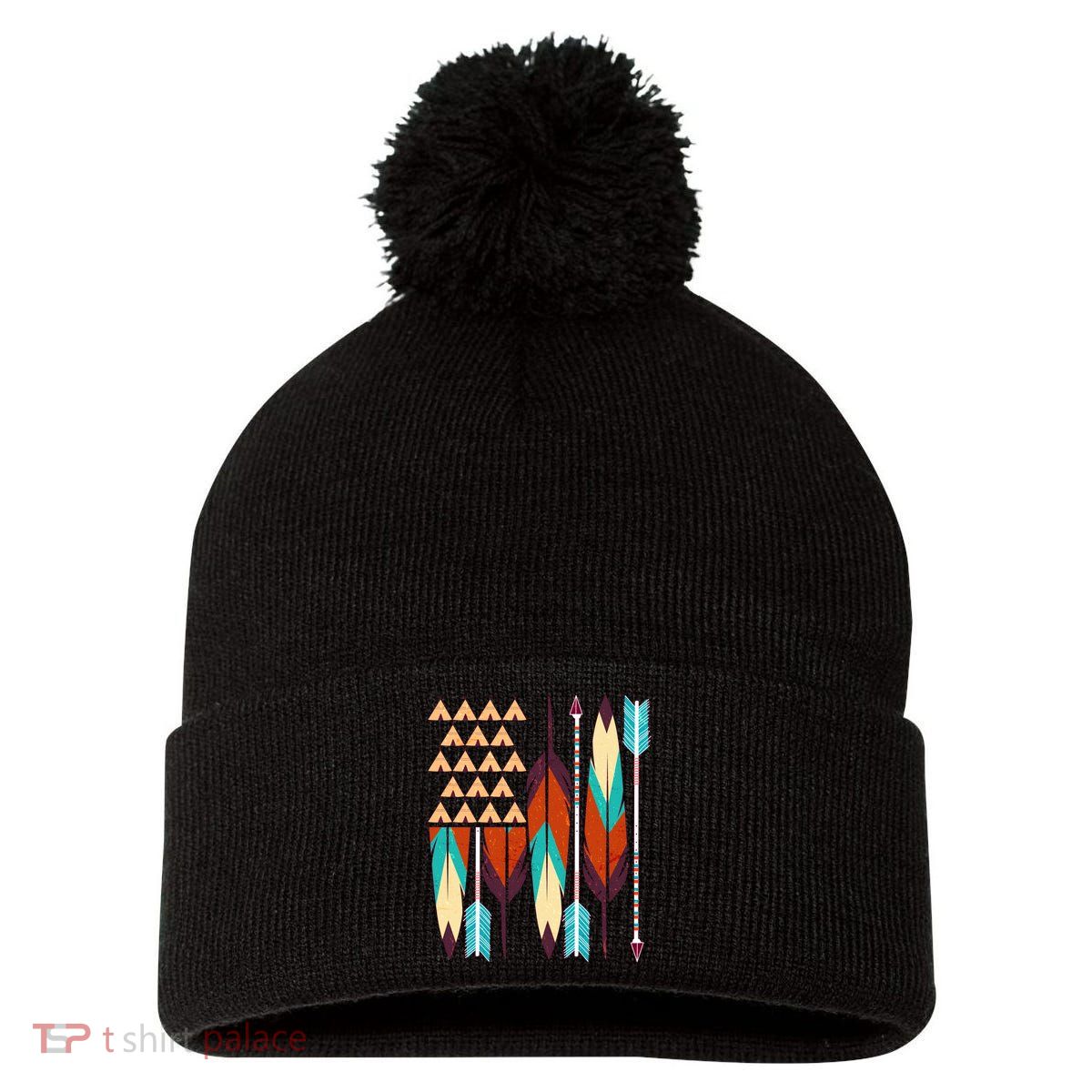 Native American Flag Feathers and Arrows Pom Pom 12in Knit Beanie