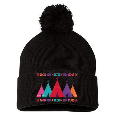 Native American Teepee Pattern Pom Pom 12in Knit Beanie