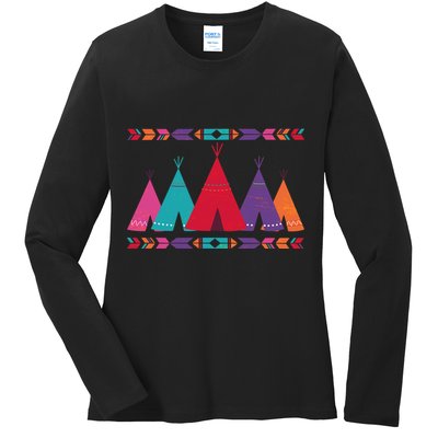 Native American Teepee Pattern Ladies Long Sleeve Shirt
