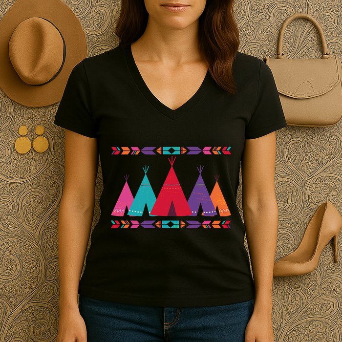 Native American Teepee Pattern Women's V-Neck T-Shirt