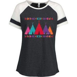 Native American Teepee Pattern Enza Ladies Jersey Colorblock Tee