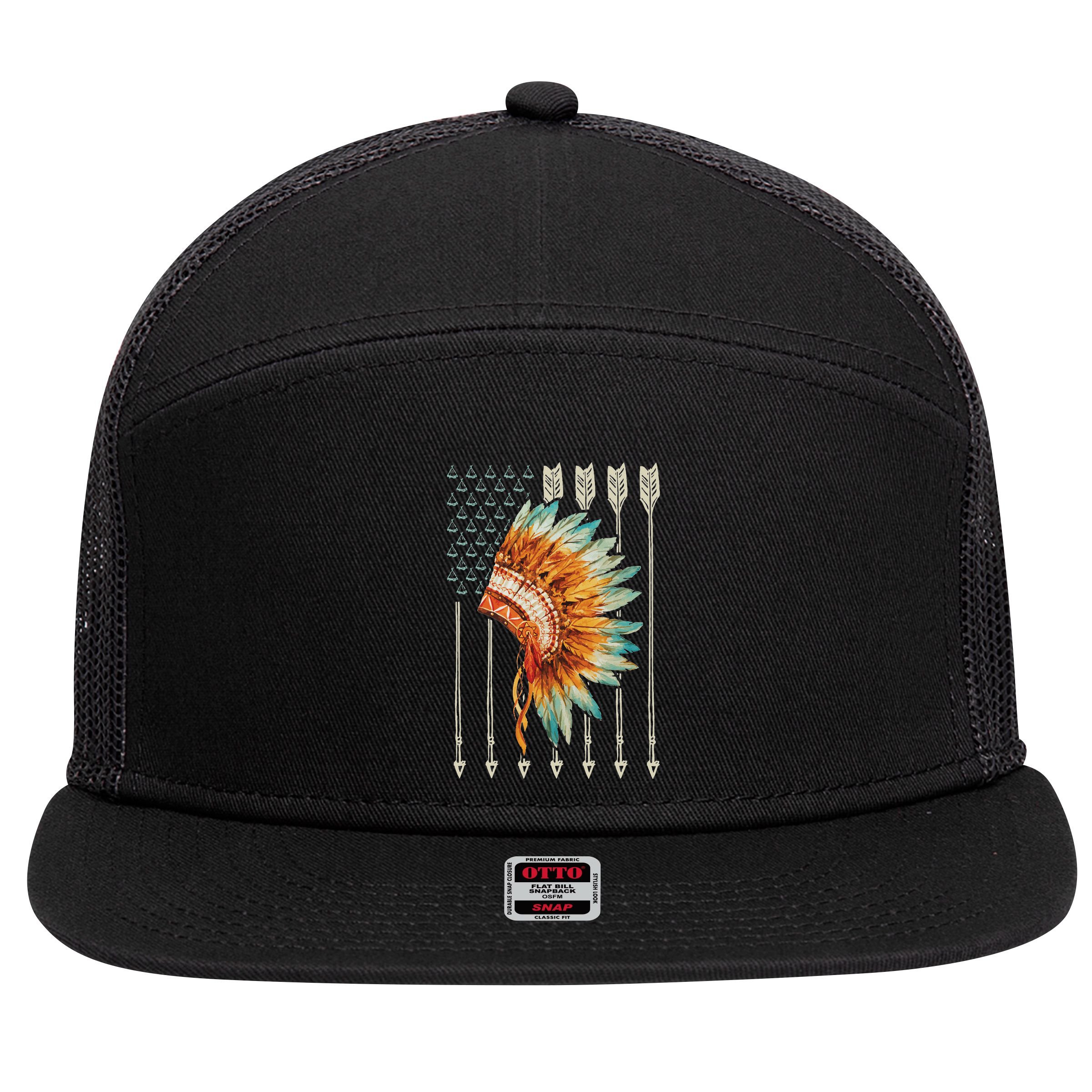 Native American Usa Flag 7 Panel Mesh Trucker Snapback Hat