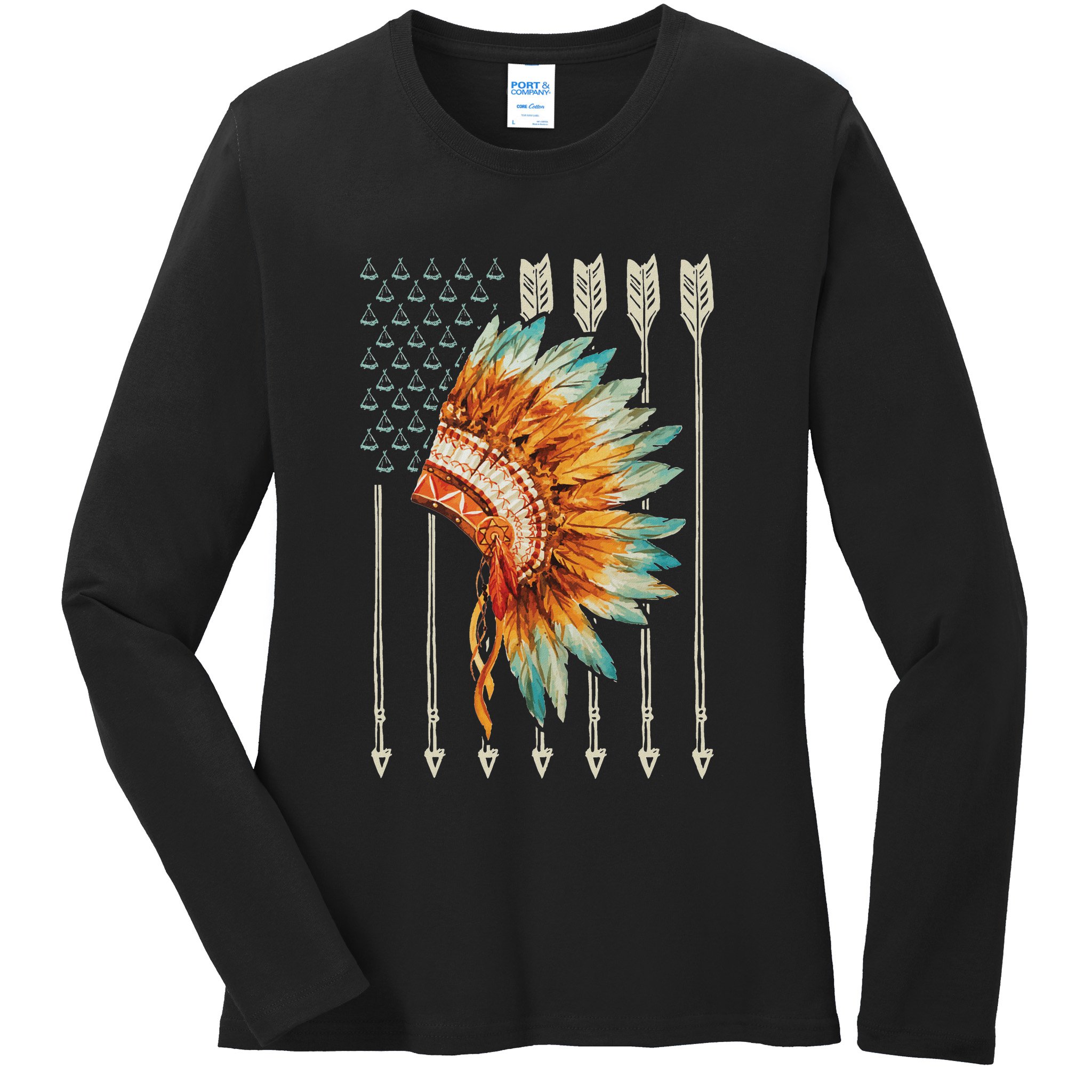 Native American Usa Flag Ladies Long Sleeve Shirt