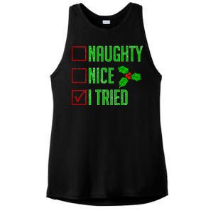 Naughty Nice I Tried Christmas Ladies PosiCharge Tri-Blend Wicking Tank