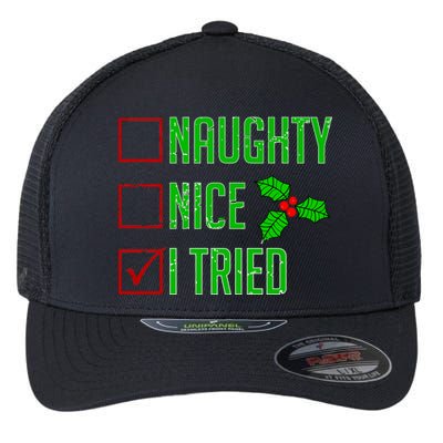 Naughty Nice I Tried Christmas Flexfit Unipanel Trucker Cap