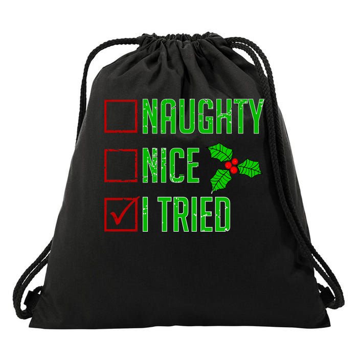 Naughty Nice I Tried Christmas Drawstring Bag