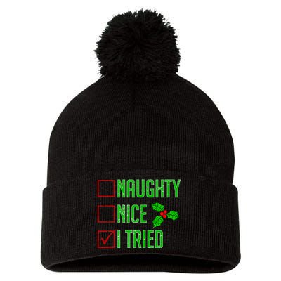 Naughty Nice I Tried Christmas Pom Pom 12in Knit Beanie