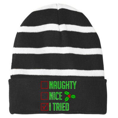 Naughty Nice I Tried Christmas Striped Beanie with Solid Band