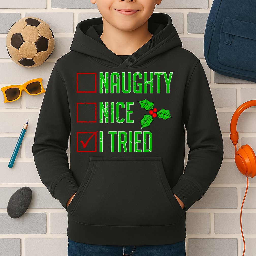 Naughty Nice I Tried Christmas Kids Hoodie