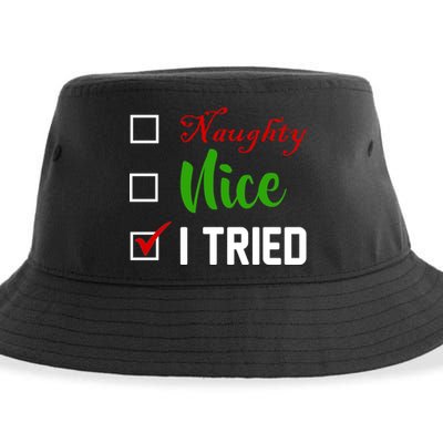 Naughty Nice I Tried Funny Xmas Sustainable Bucket Hat