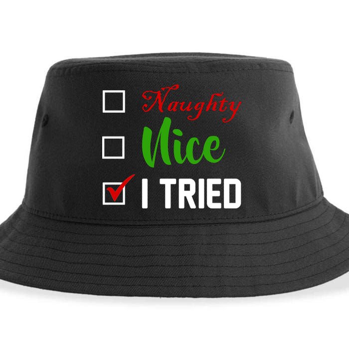 Naughty Nice I Tried Funny Xmas Sustainable Bucket Hat